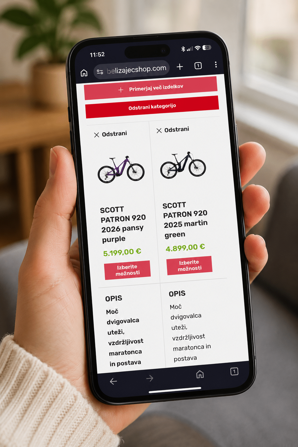 Primerjalnik izdelkov prikazan na mobilnem telefonu